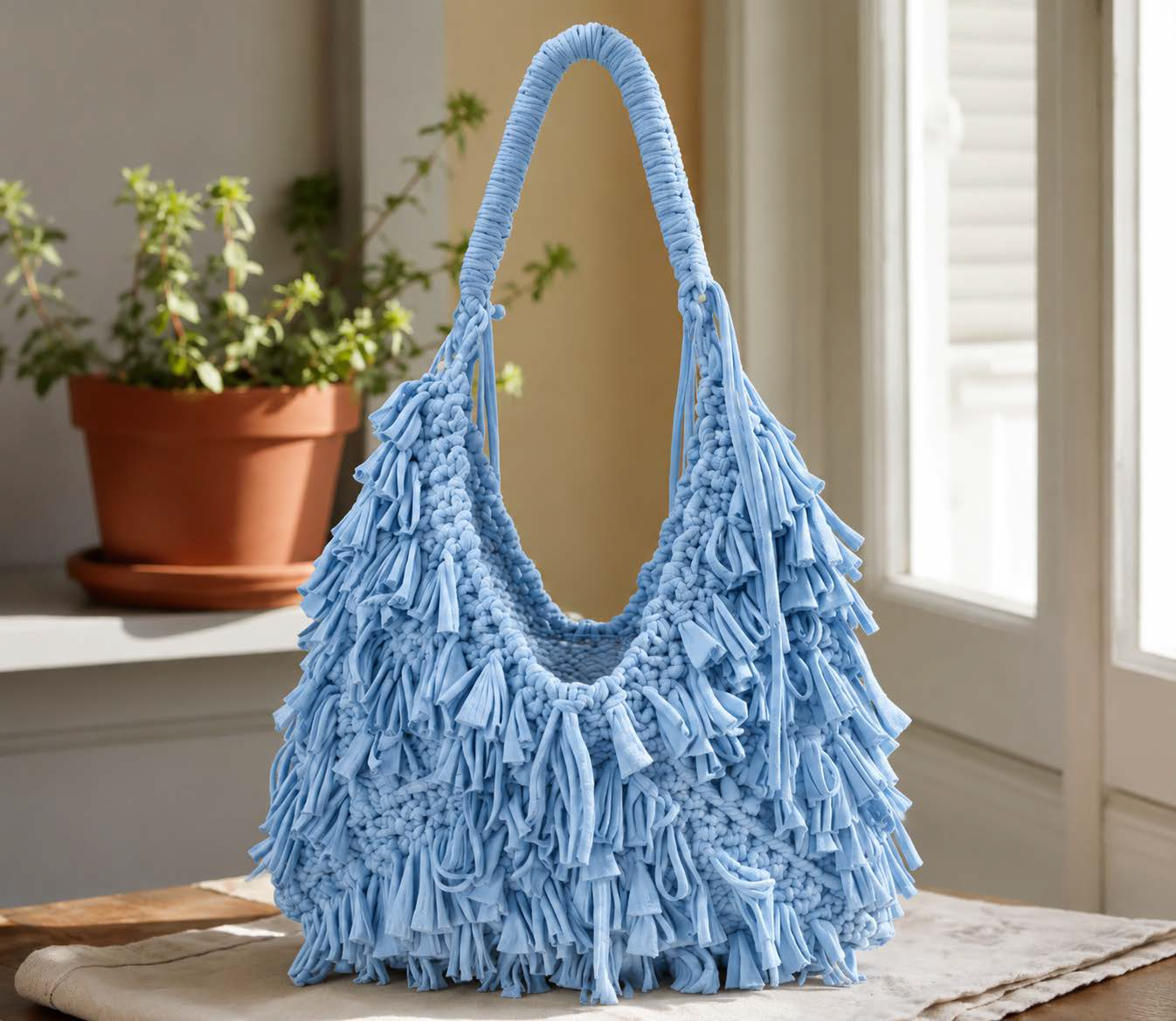 Sky Blue Fringe Crochet Bag