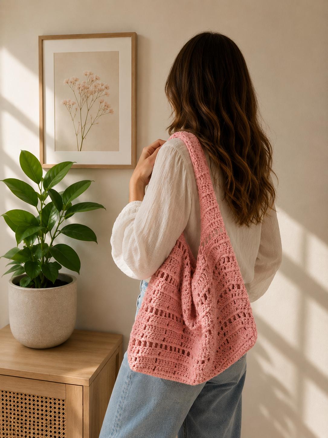 Pink Mesh Crochet Tote - Image 3